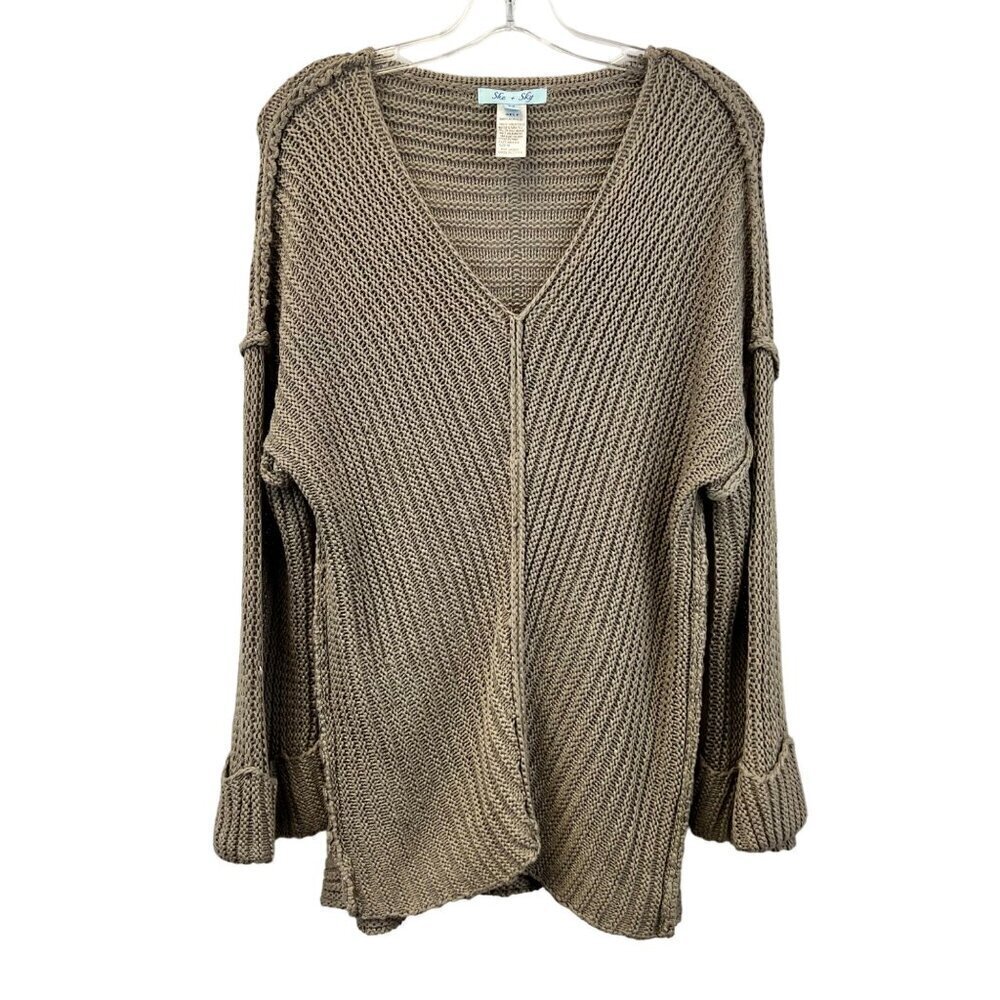 She & Sky Womens V-Neck Long Cuffed Sleeve Open Knit Sweater Stone Medium